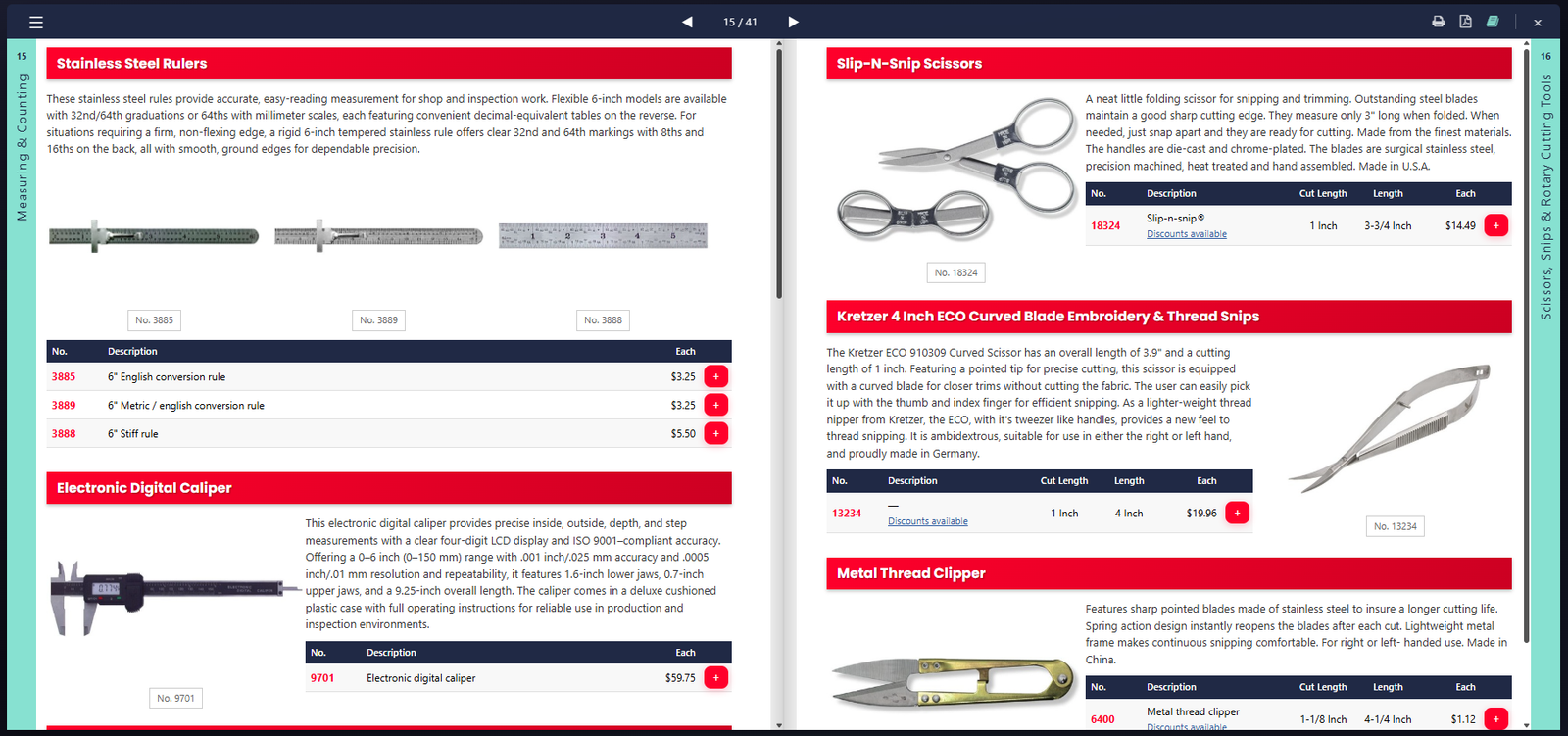 The digital catalog viewer showing a two-page spread of measuring tools and scissors, with live prices, add-to-cart buttons, and discount links on professionally typeset pages