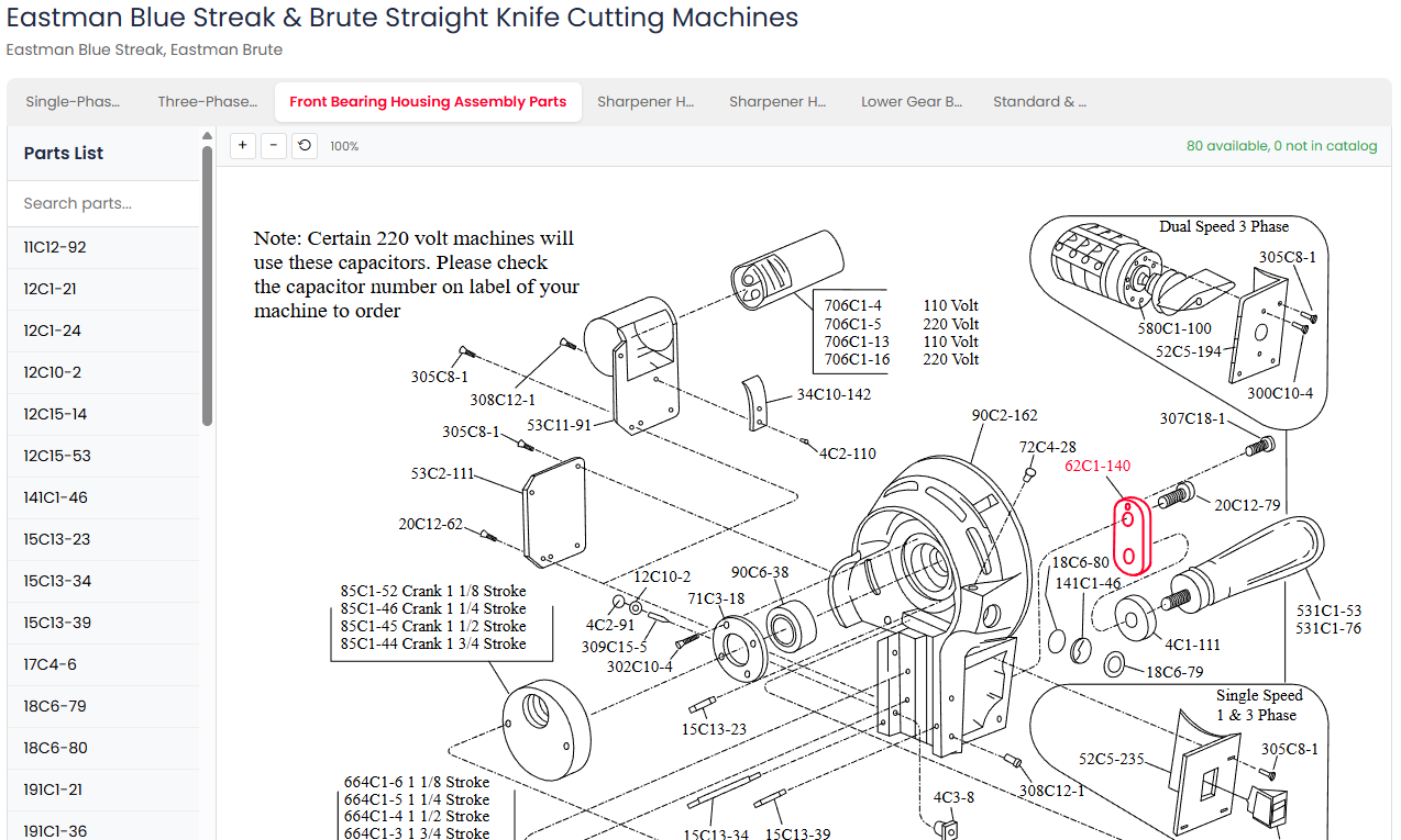 The interactive parts diagram viewer showing an exploded-view drawing of an industrial cutting machine, with tabbed assemblies, a searchable parts list, and a part callout highlighted in red